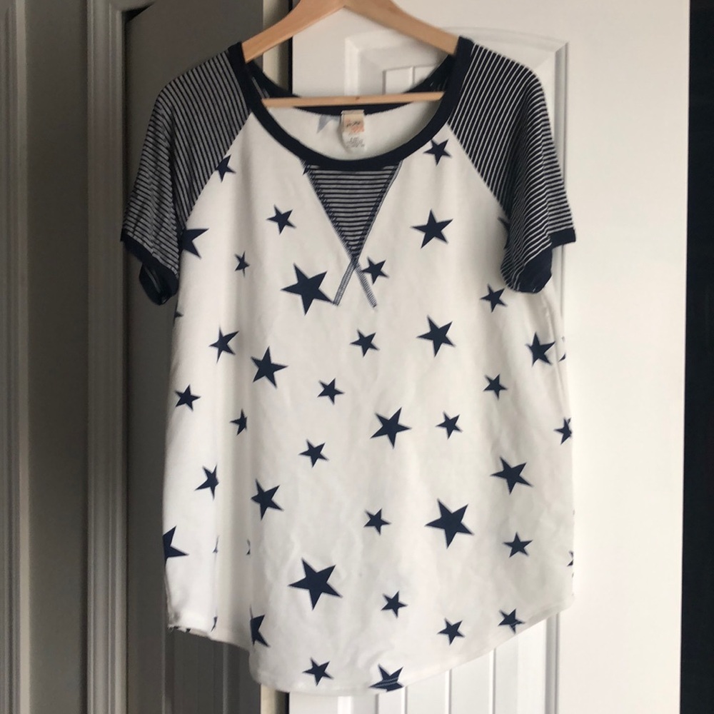 White top with blue stars and stripes—perfect for the 4th of July!